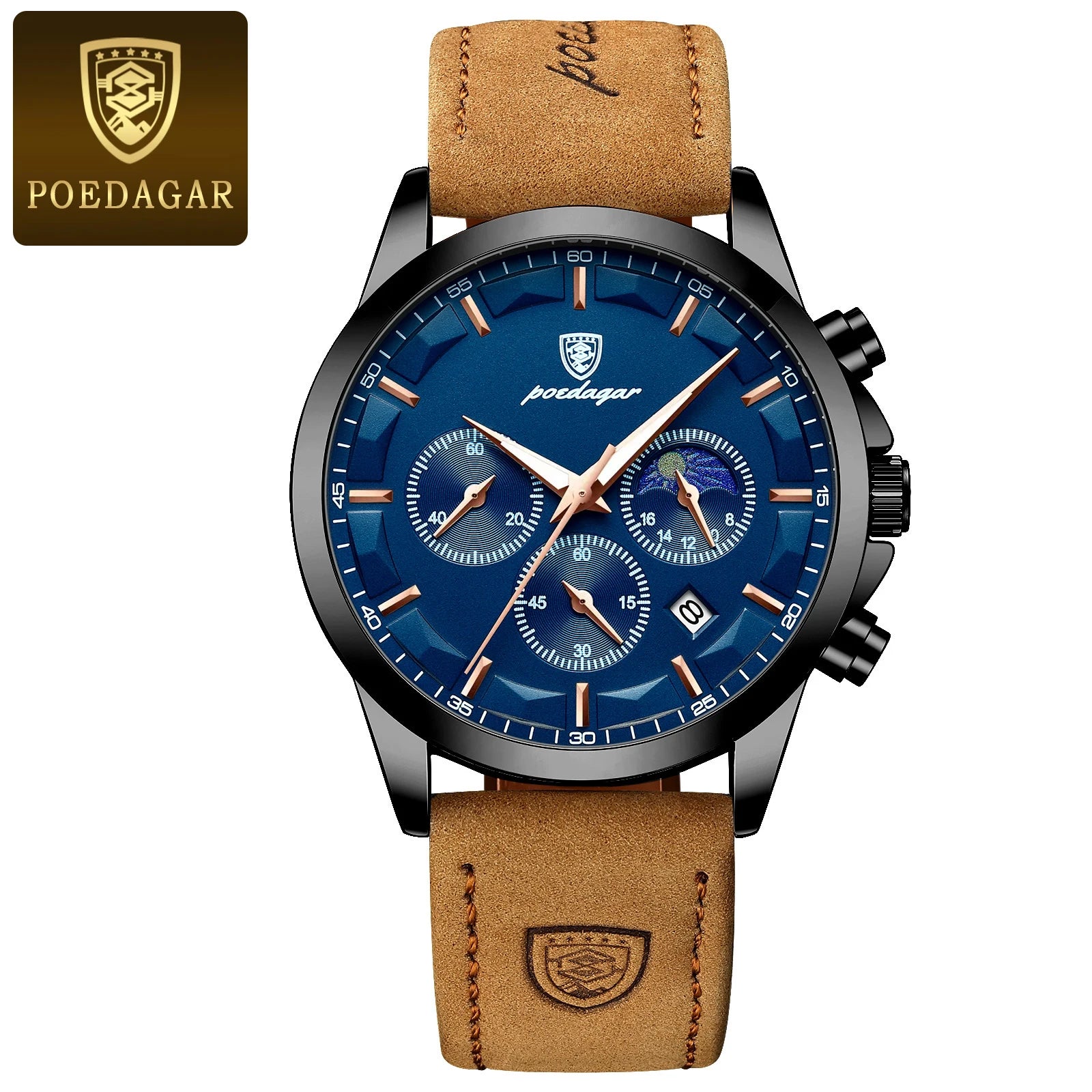 POEDAGAR, reloj deportivo de cuarzo de lujo para hombre, cronógrafo resistente al agua, reloj de pulsera luminoso con fecha para hombre, relojes de cuero de negocios para hombre