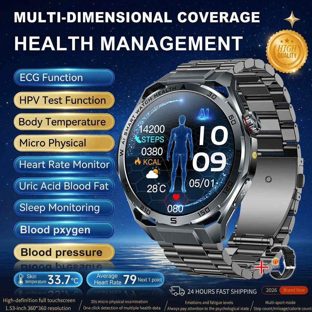 Nuevo Reloj Inteligente Médico con IA para Oxígeno en Sangre 2026, ECG Preciso, Ácido Úrico, Presión Arterial, Grasa Corporal, Fitness, Resistente al Agua