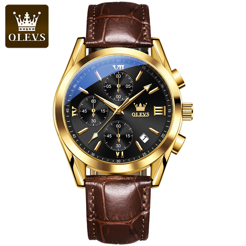 OLEVS Nuevo reloj de moda para hombre con correa de cuero marrón. Reloj impermeable con movimiento de cuarzo deportivo informal para hombre Orologio da uomo 2872