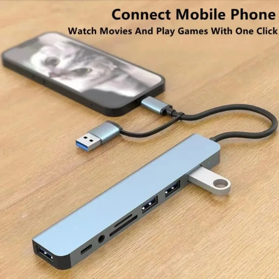 8-in-2 USB-C Hub – USB 3.0, SD/TF Card Reader & 3.5mm Audio for MacBook & Laptop