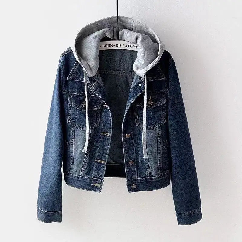 Chaqueta corta de mezclilla para mujer corta Otoño Invierno coreano de manga larga delgada con capucha versátil