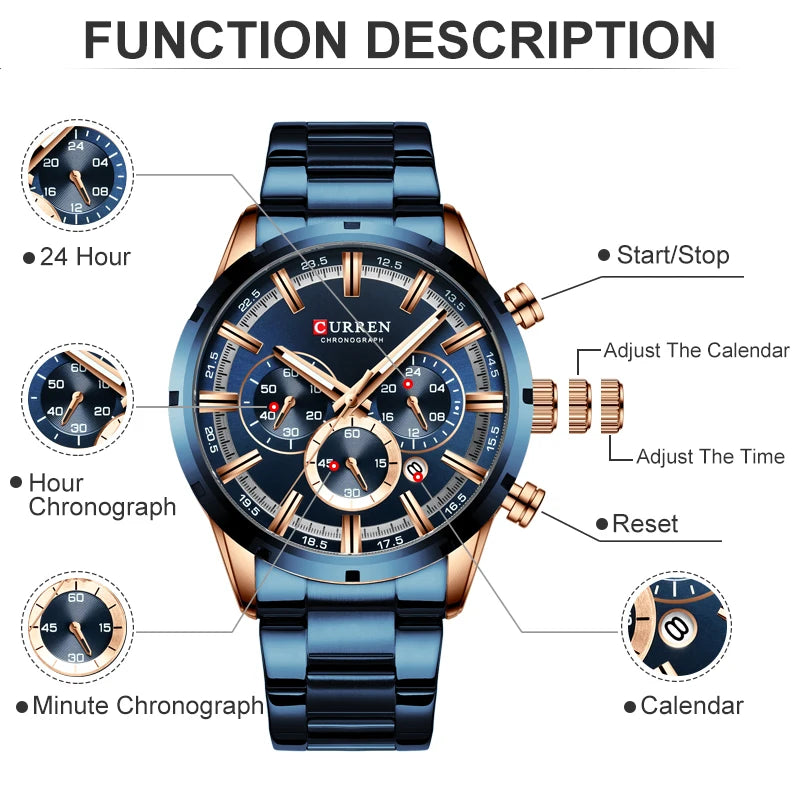 Reloj de pulsera CURREN de Cuero militar de lujo de la mejor marca, relojes deportivos informales para hombres, reloj de pulsera azul para hombre, reloj de pulsera cronógrafo de moda
