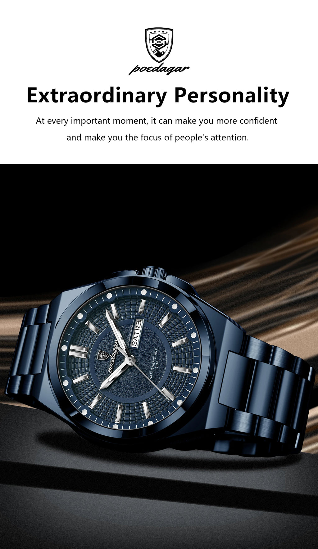 Reloj deportivo POEDAGAR Original para hombre, Reloj de pulsera de cuarzo con fecha y semana de lujo para hombre, relojes luminosos resistentes al agua de acero inoxidable para hombre