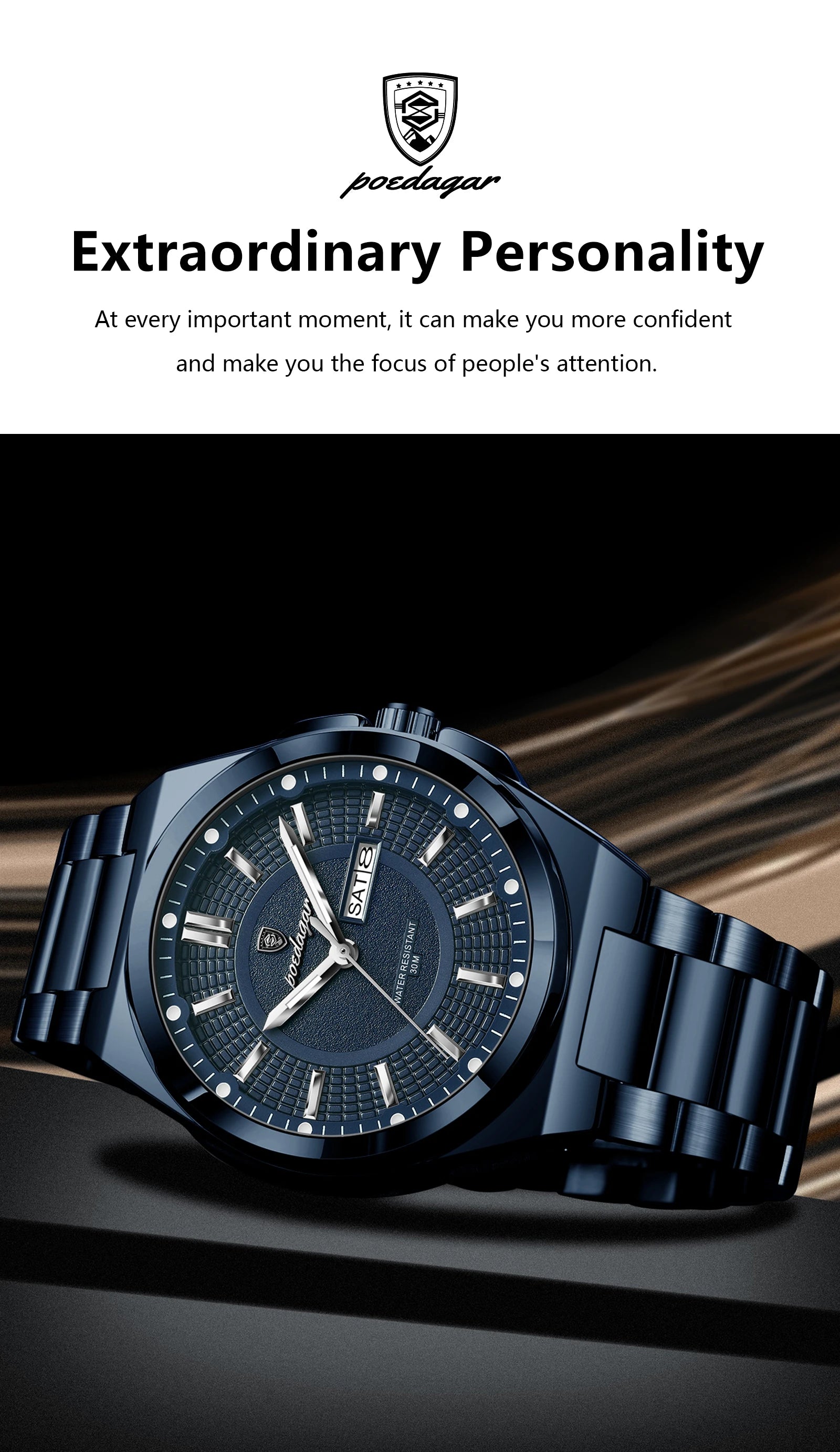 Reloj deportivo POEDAGAR Original para hombre, Reloj de pulsera de cuarzo con fecha y semana de lujo para hombre, relojes luminosos resistentes al agua de acero inoxidable para hombre