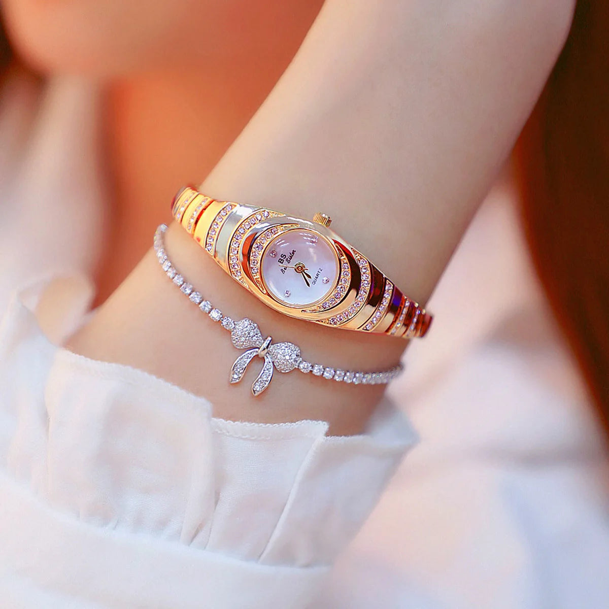 2 uds nuevo reloj de mujer simple con diamantes de imitación esfera redonda conjunto de reloj de cuarzo de aleación