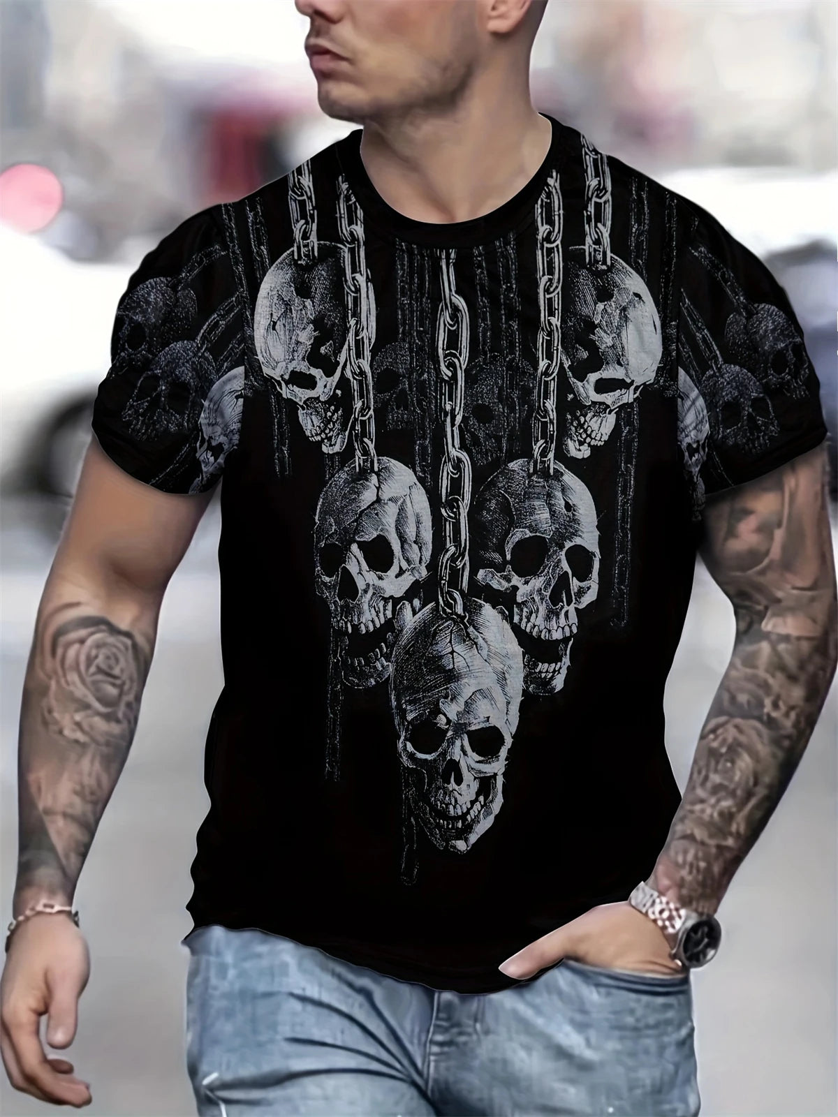 Camiseta de manga corta con estampado 3D de cabeza de calavera para hombre, camiseta de cuello redondo de estilo Punk, ropa de gran tamaño para exteriores de verano, novedad