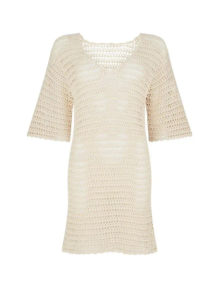 2024 Sexy de punto con cuello en V media manga ahueca hacia fuera la playa Mini vestido de verano 2024 mujeres playa túnica traje de baño cubrir traje Casual K19