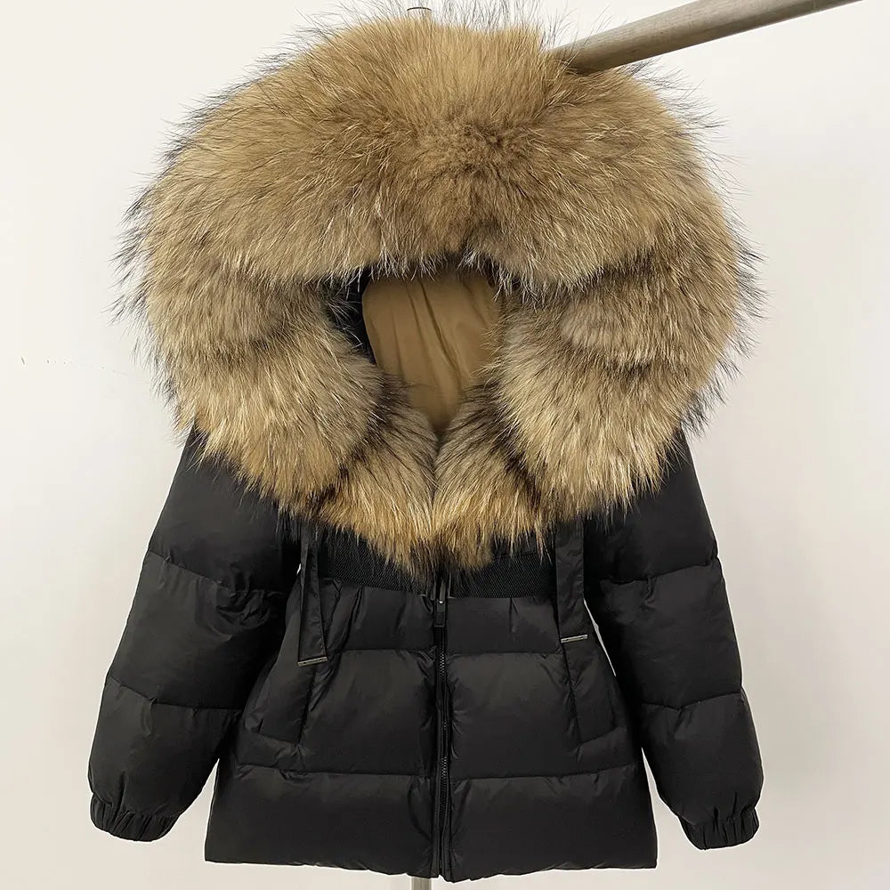 OFTBUY 2025 nueva ropa de invierno para mujer, abrigo de plumón de pato blanco, chaqueta con capucha de piel de zorro Natural, chaqueta acolchada cálida a la moda para mujer