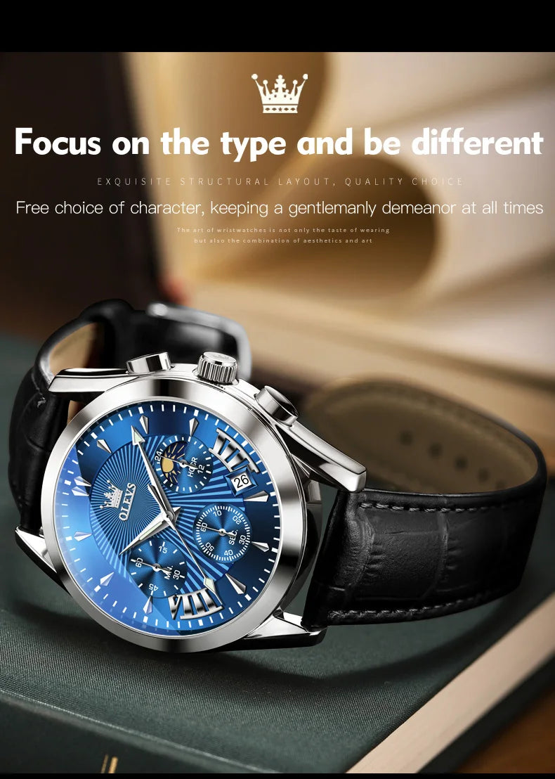 OLEVS 2876 reloj para hombre con correa de cuero reloj de cuarzo resistente al agua fase lunar luminosa relojes cronógrafo multifuncionales para regalo de hombre