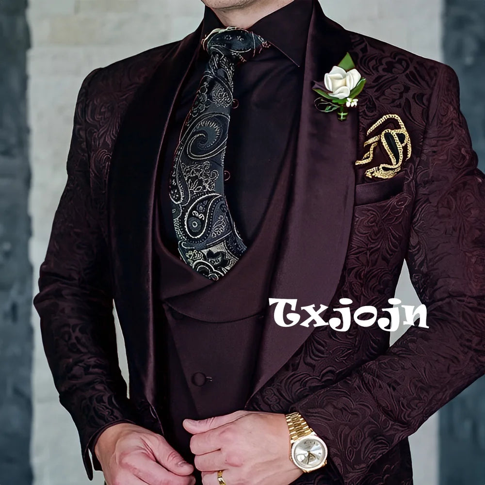 Exquisitos trajes de jacquard de 3 piezas para hombre, conjuntos de novio de boda, bonito conjunto de traje con solapa y chal, ropa de baile, esmoquin Formal para negocios