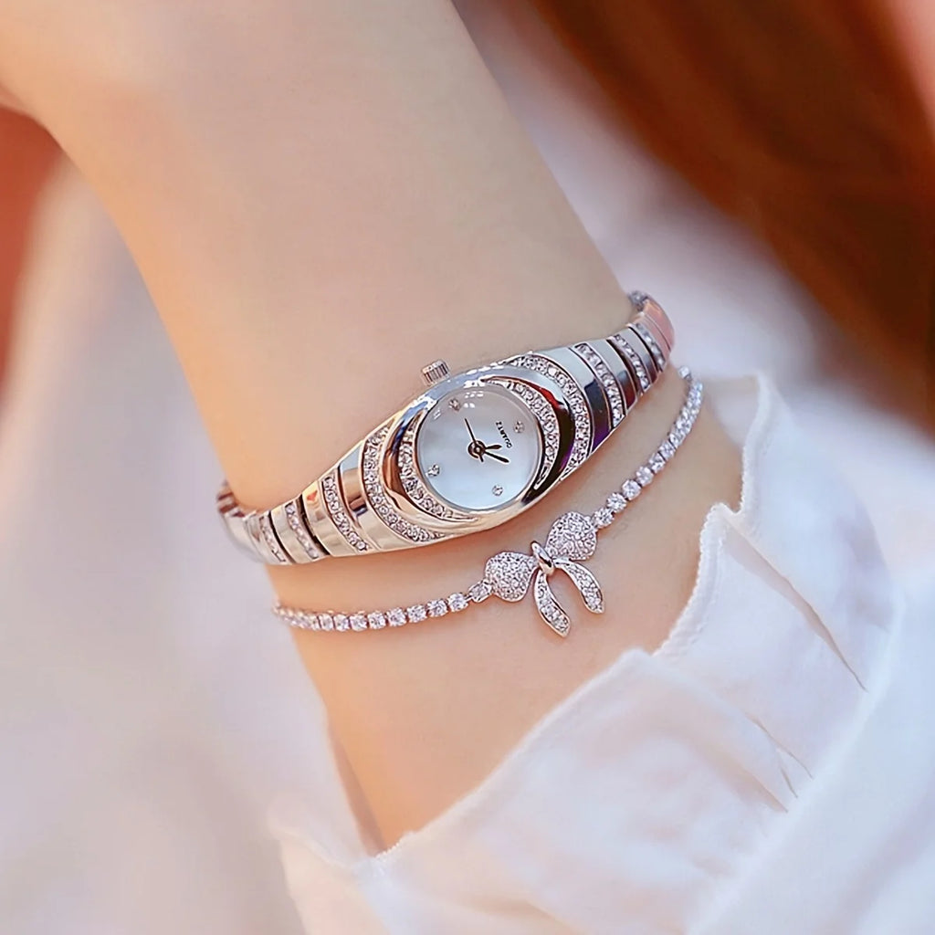 2 uds nuevo reloj de mujer simple con diamantes de imitación esfera redonda conjunto de reloj de cuarzo de aleación