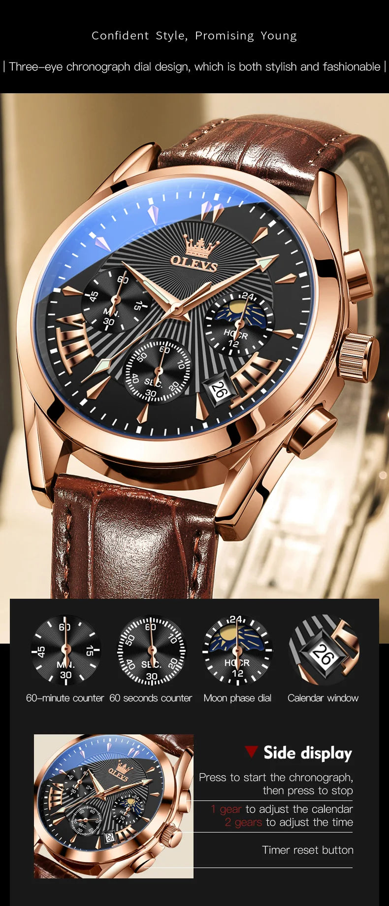 OLEVS-reloj de cuarzo resistente al agua para hombre, cronógrafo de pulsera con correa de cuero, marca de lujo Original, alta calidad, a la moda