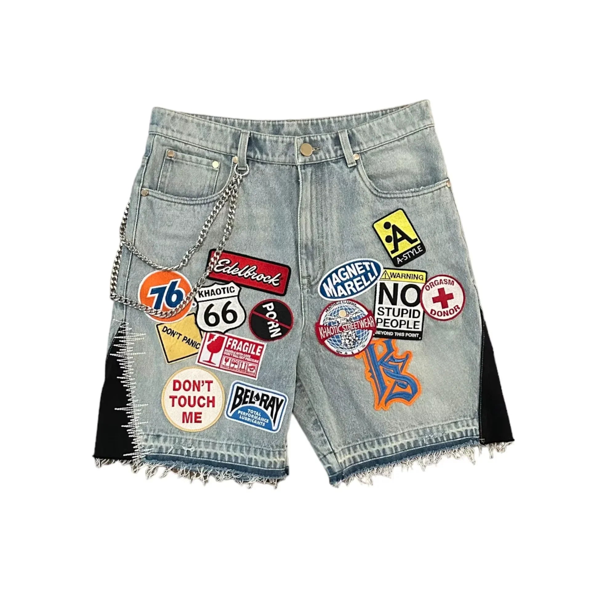 Streetwear, Fitness Loose Denim Shorts for Men and Women, Harajuku Hip Hop Cartoon Graphic Patch Denim Shorts, Retro Blue Goth Shorts