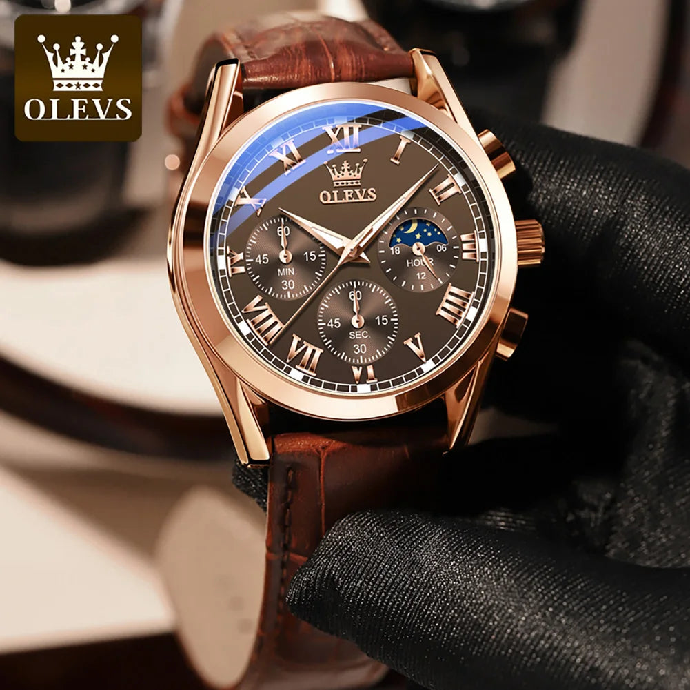 OLEVS 2871 reloj de cuarzo para hombre de la mejor marca, reloj de negocios noctilucente resistente al agua de lujo, correa de cuero, reloj de fase lunar, reloj Masculino
