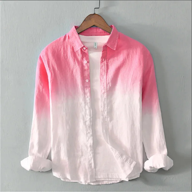 Men's Casual Spring Autumn Long-Sleeve Collared Shirt, Fashionable Light Color Changing 3D Print Linen Shirt, XS-6XL