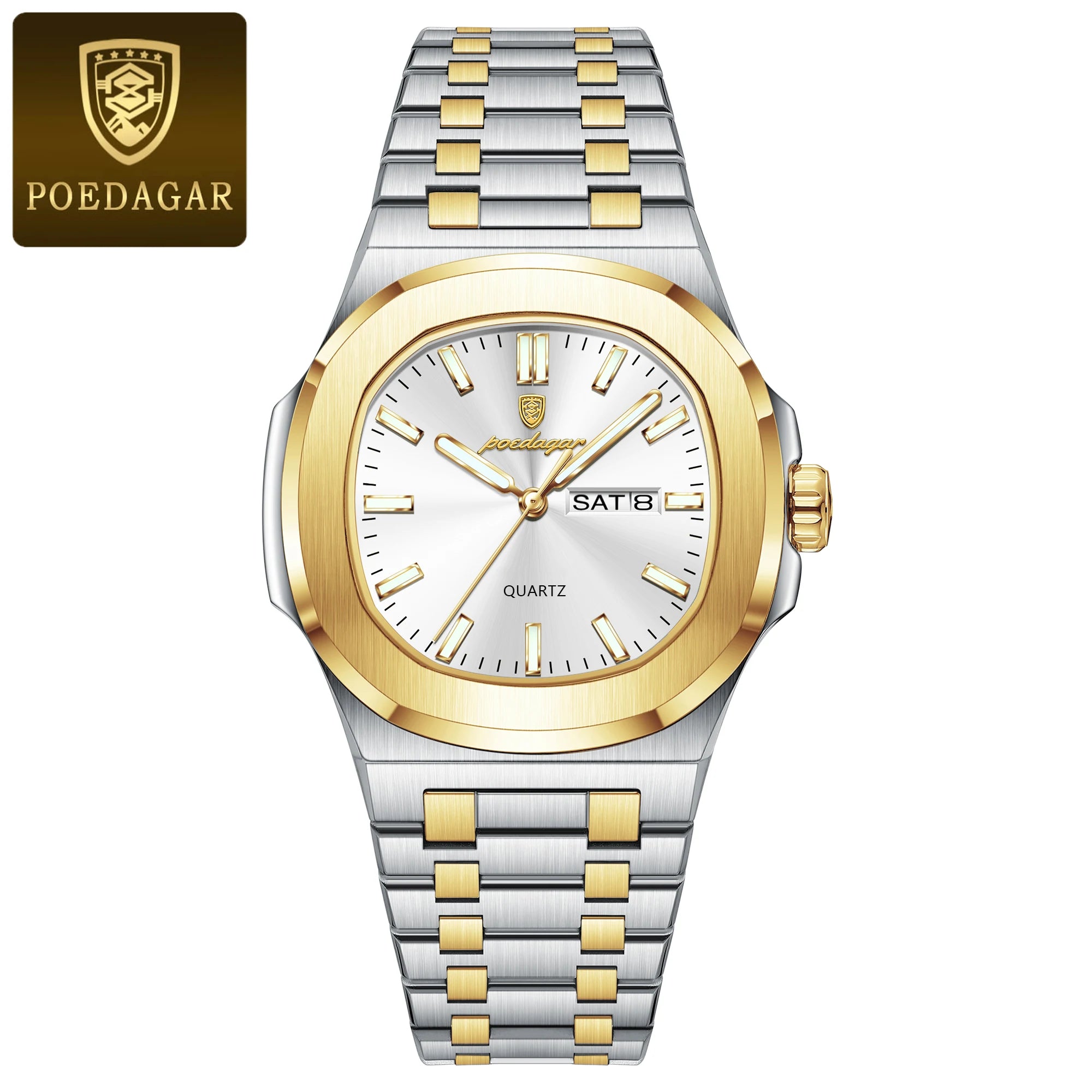 POEDAGAR, relojes cuadrados de lujo para hombre, Reloj luminoso resistente al agua con fecha y semana para hombre, Reloj de pulsera de cuarzo a la moda de acero inoxidable para hombre