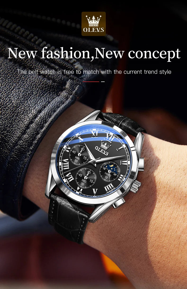 OLEVS 2871 reloj de cuarzo para hombre de la mejor marca, reloj de negocios noctilucente resistente al agua de lujo, correa de cuero, reloj de fase lunar, reloj Masculino