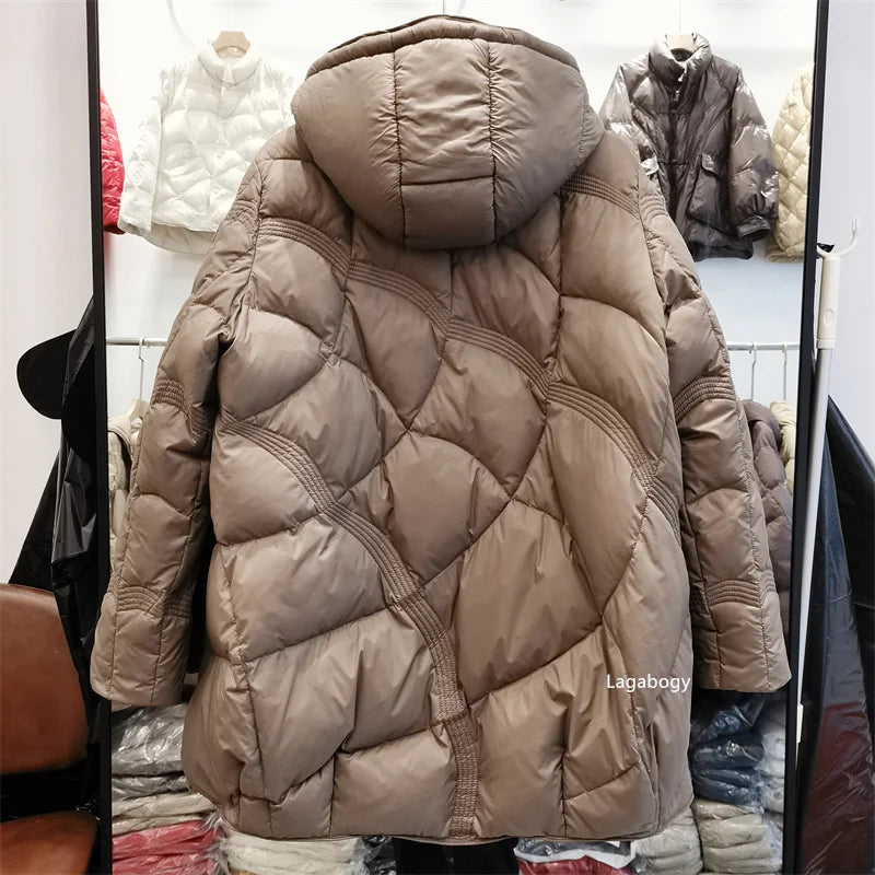 Lagabogy-abrigo holgado de plumón de pato blanco para mujer, Tops Vintage de un solo pecho, chaqueta acolchada cálida con capucha y bolsillo para mujer, exterior, 2025