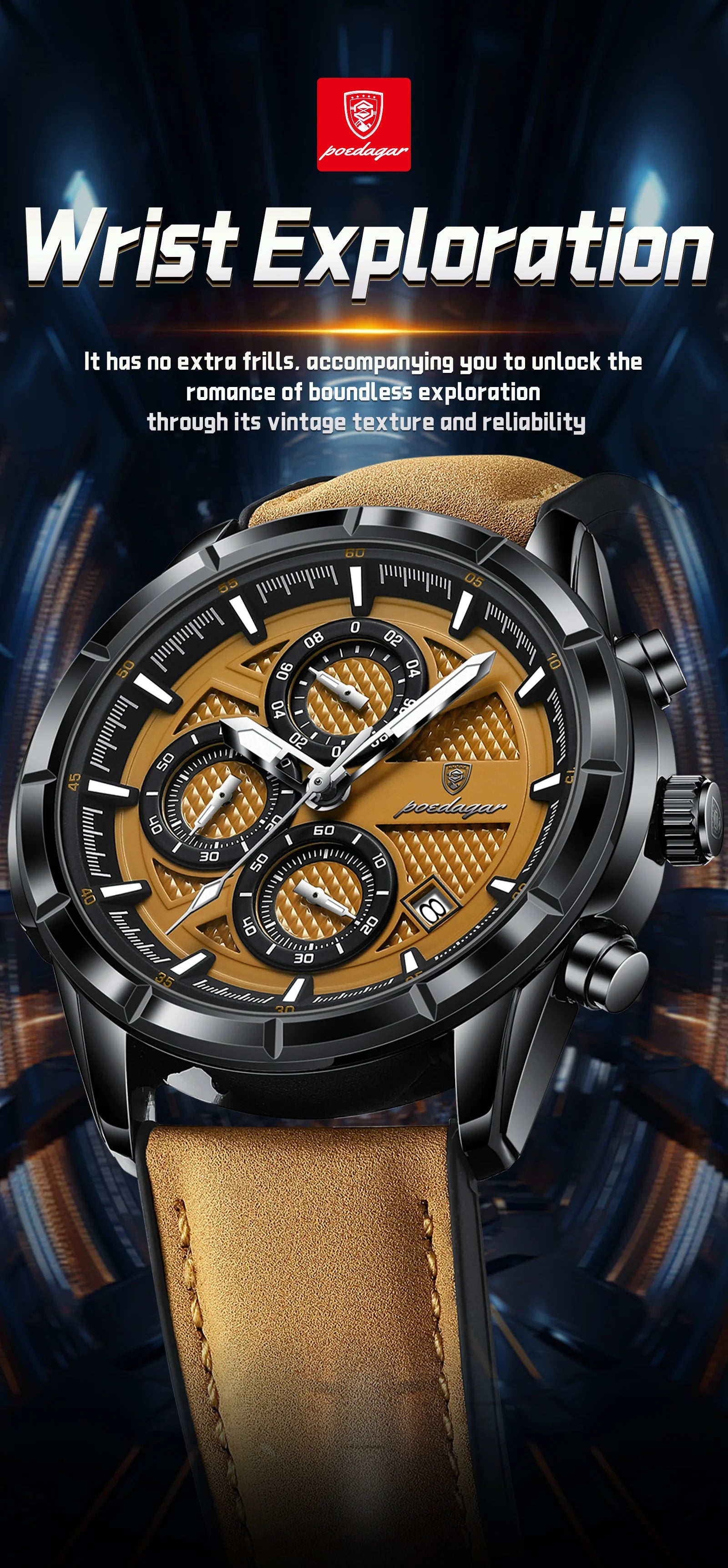 Reloj de pulsera POEDAGAR de lujo para hombre, relojes de cuarzo de cuero originales para hombre, cronógrafo con fecha, reloj luminoso resistente al agua para hombre + caja