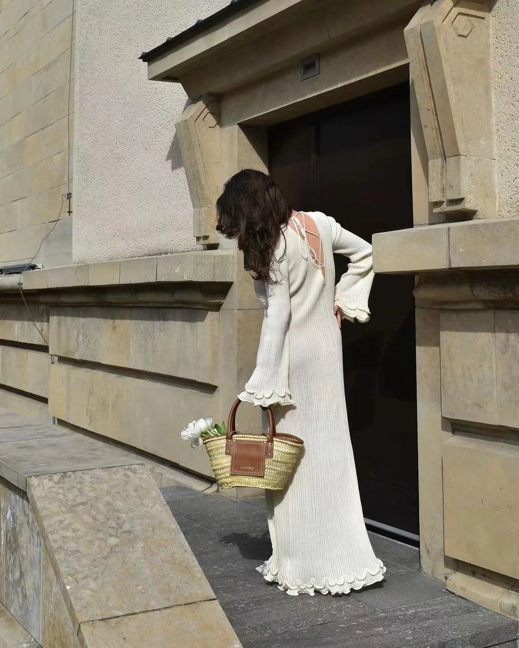 2025 elegante vestido con volantes y cordones Para Mujer, vestido acanalado de manga larga a la moda, Vestidos largos Para Mujer, Vestidos Para ir al trabajo Para Mujer