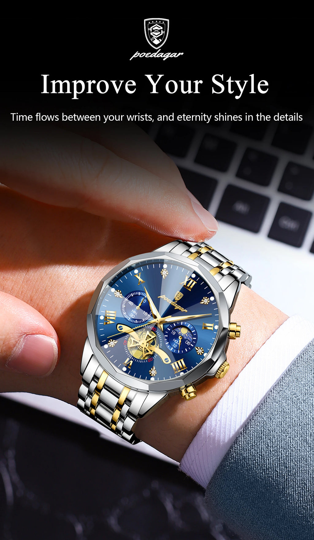 Reloj POEDAGAR de lujo para hombre, Reloj de pulsera Original resistente al agua con cronógrafo luminoso para hombre, relojes de cuarzo de acero inoxidable para hombre