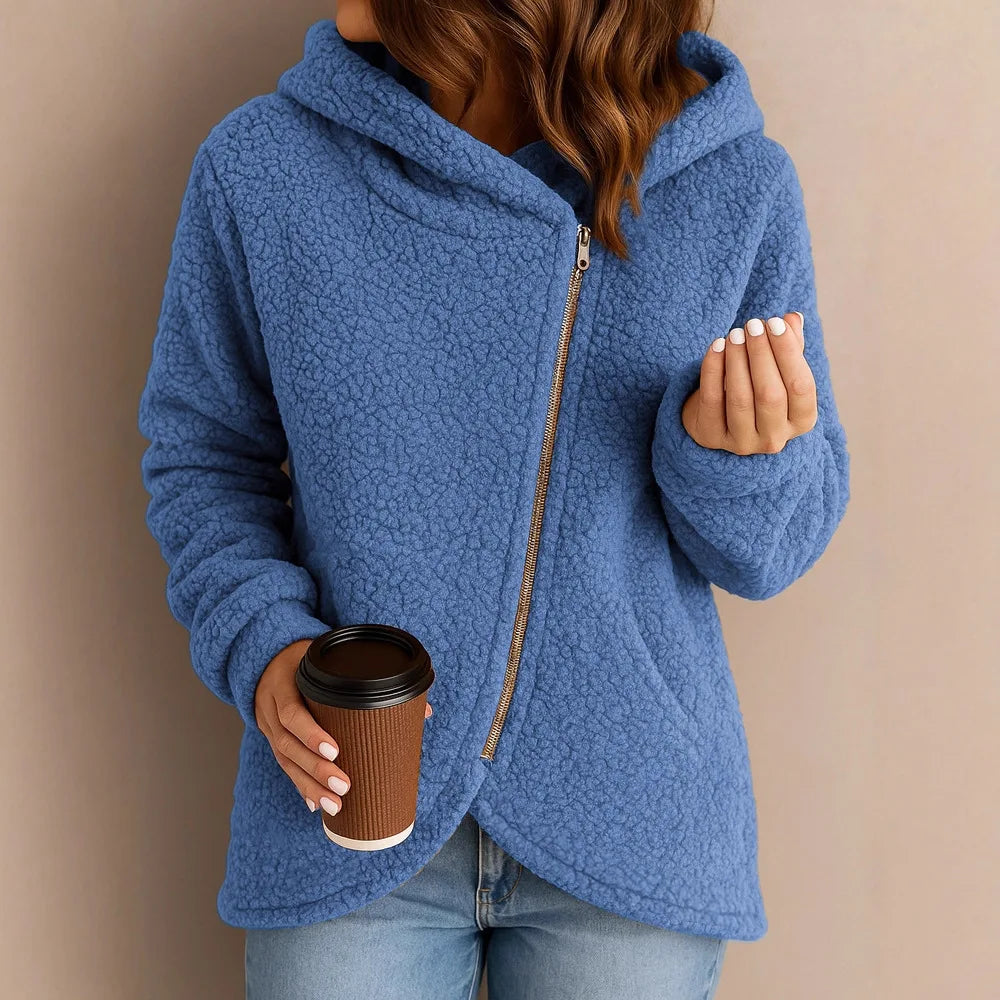 2025 Sudadera gruesa con forro polar para mujer, cárdigan con capucha y cremallera superior, chaqueta de lana de cordero de nuevo estilo a la moda para invierno