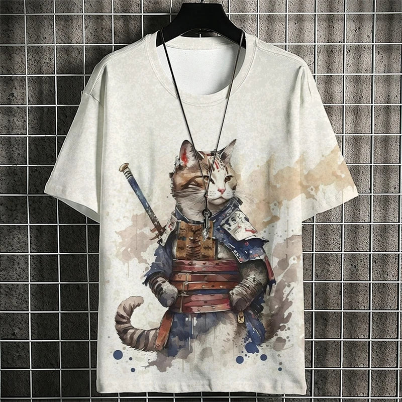 Camisetas con estampado de gato guerrero a la moda para hombre, camisetas con estampado de gato 3D y cuello redondo para verano, ropa informal de moda, camisetas Harajuku