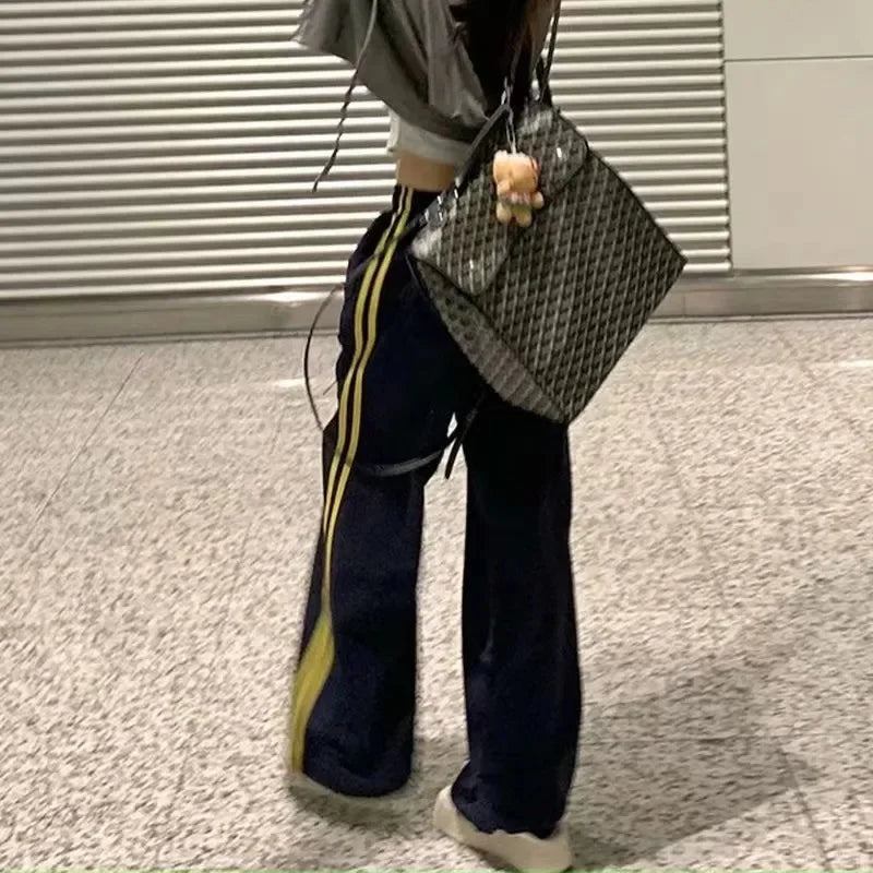 Pantalones de chándal completo a rayas con múltiples bolsillos para mujer