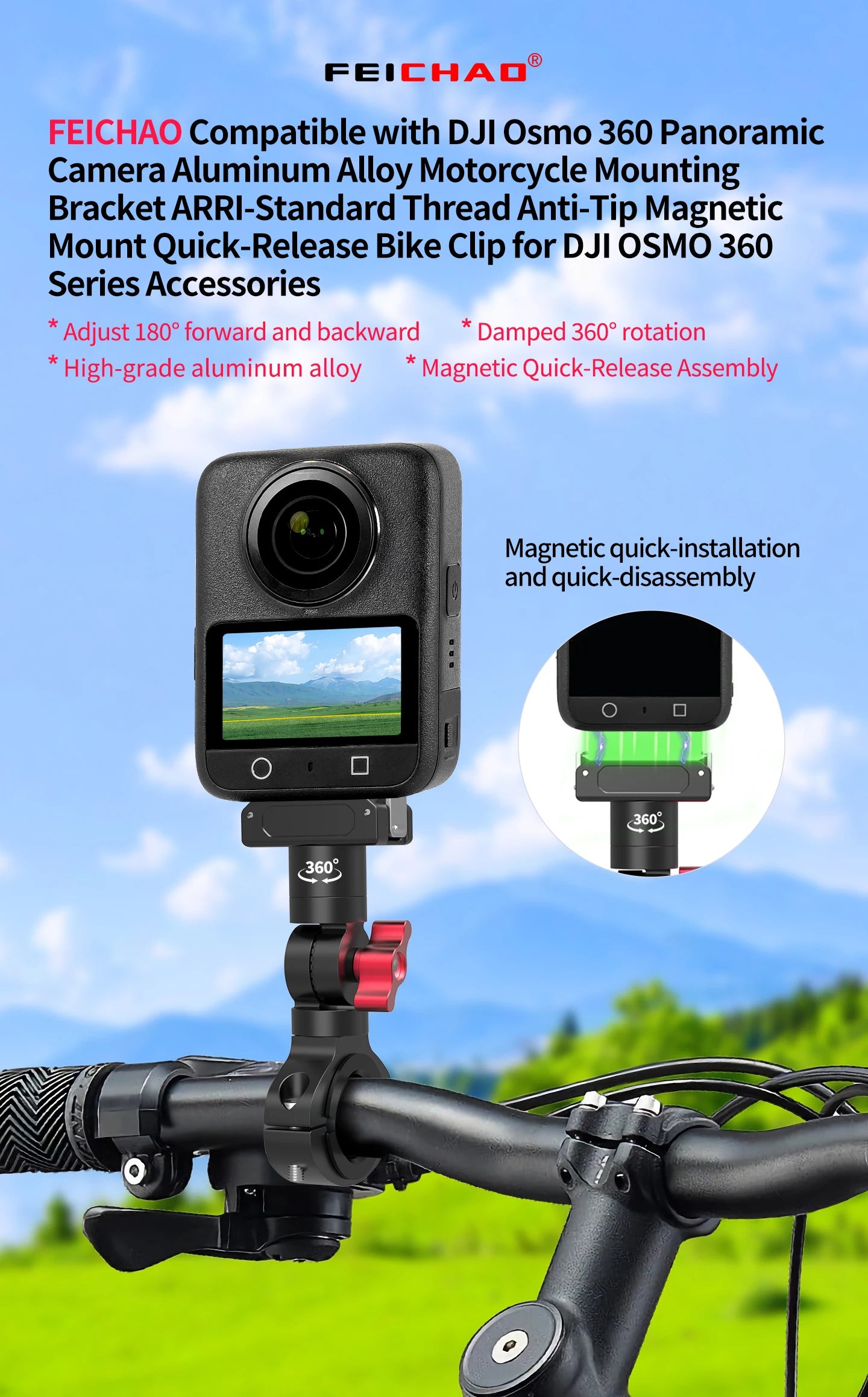 Soporte de Cámara para Manubrio de Bicicleta 360° – Magnético, Aluminio, para DJI OSMO y GoPro