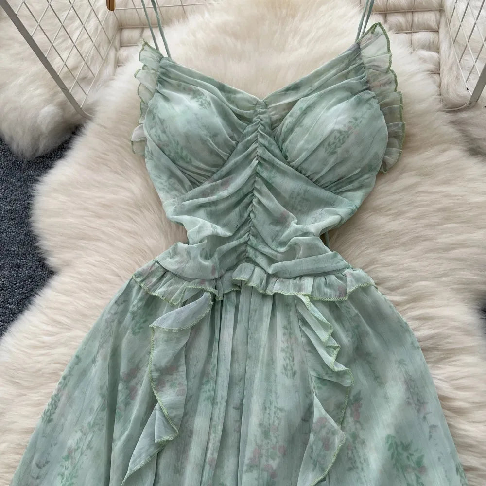 Women's Pleated V-Neck Dress, Elegant Chic Print Clothing, Korean, Sexy, Strappy, Vintage, High Street, Hotsweet, Slim, Fairycore, Summer