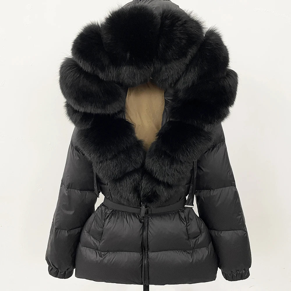 OFTBUY 2025 nueva ropa de invierno para mujer, abrigo de plumón de pato blanco, chaqueta con capucha de piel de zorro Natural, chaqueta acolchada cálida a la moda para mujer