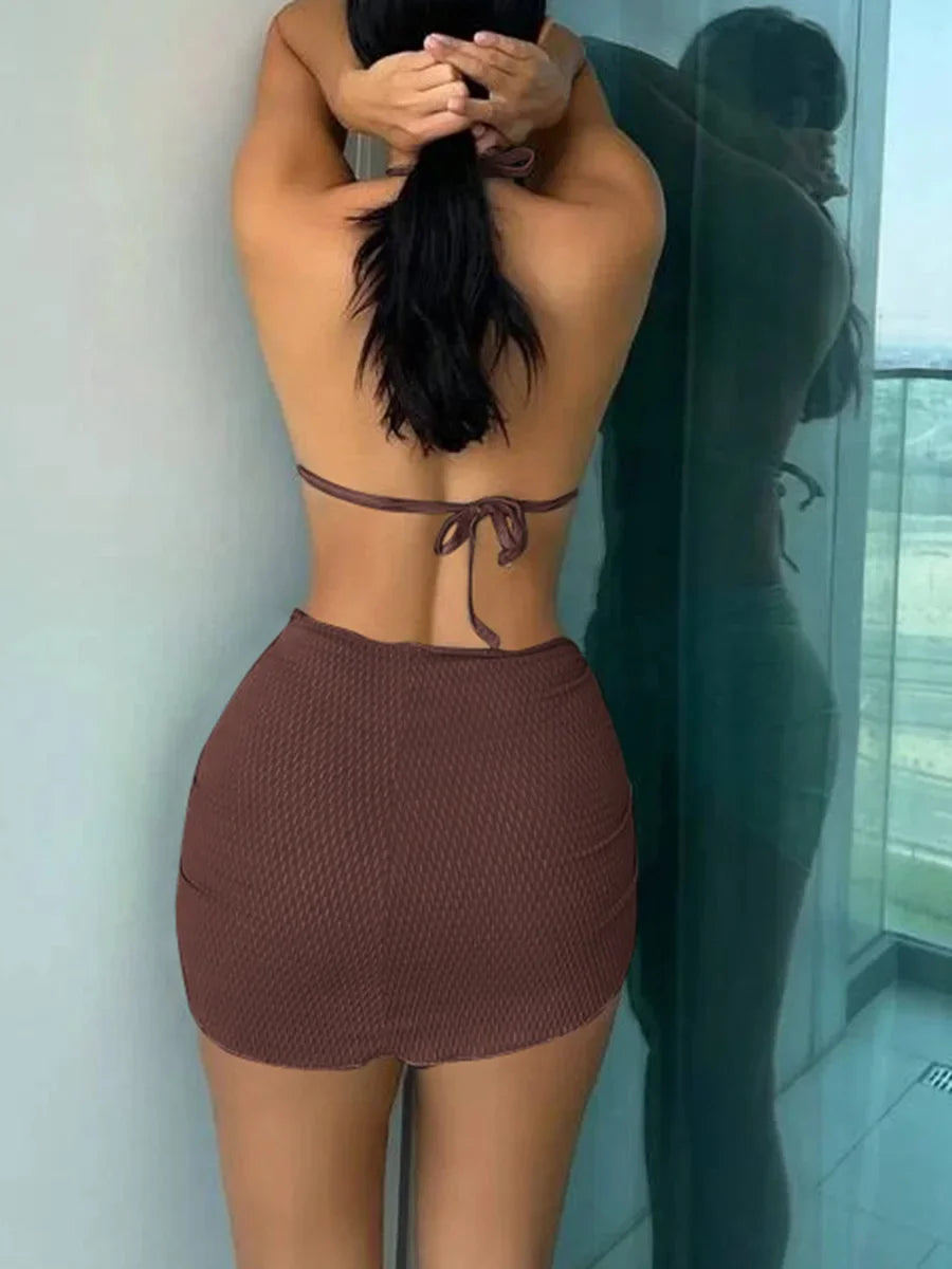 Con falda, Bikini arrugado con copa de sujetador, traje de baño femenino, traje de baño para mujer, conjunto de Bikini de tres piezas, traje de baño Push Up, ropa de playa para nadar