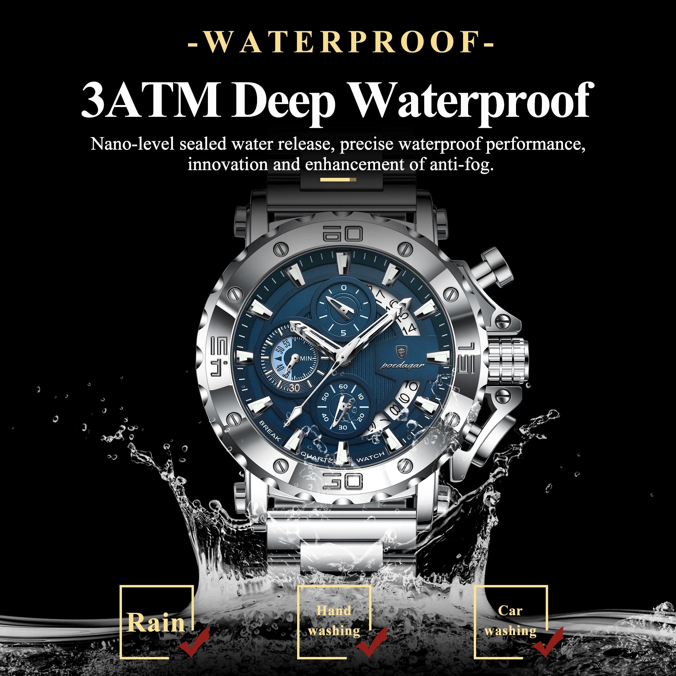 Reloj POEDAGAR de lujo para hombre, calendario luminoso, resistente al agua, Reloj para hombre, cronógrafo masculino, relojes de cuarzo de acero inoxidable para hombre