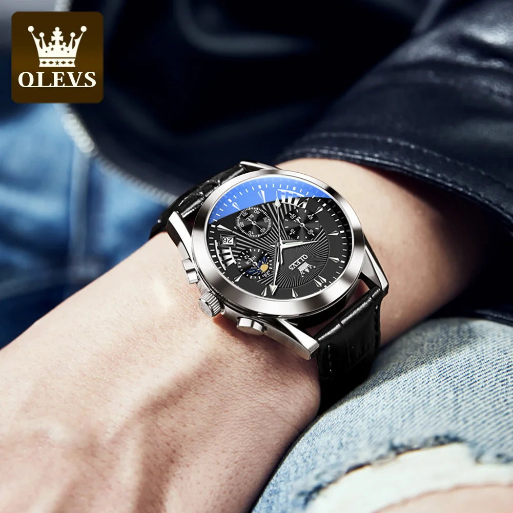 OLEVS 2876 reloj para hombre con correa de cuero reloj de cuarzo resistente al agua fase lunar luminosa relojes cronógrafo multifuncionales para regalo de hombre