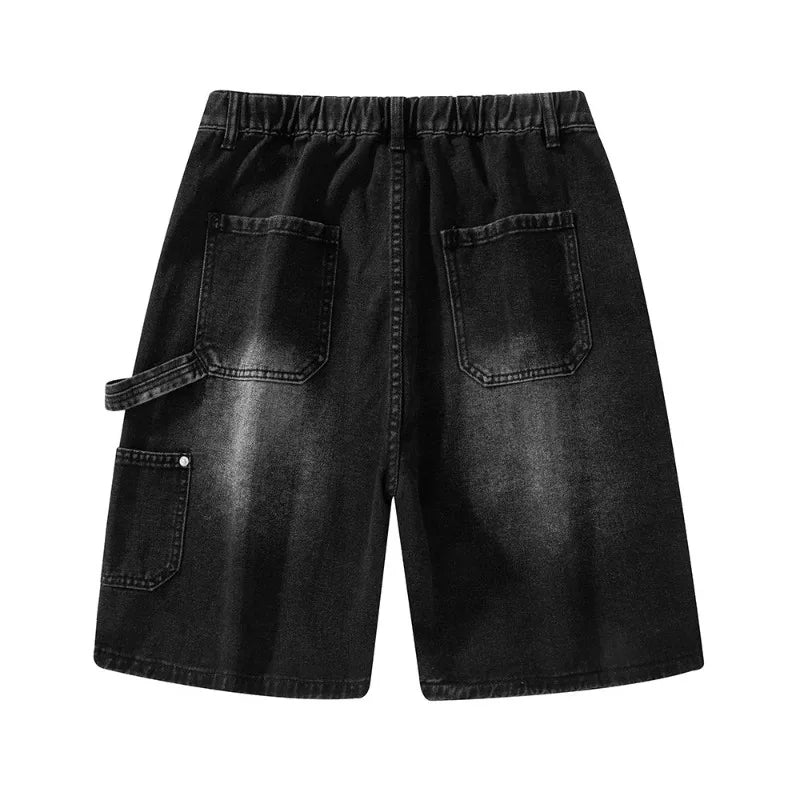 Streetwear Fashion Men's Denim Shorts Summer Loose Vintage Harajuku Spliced Hip-hop Cargo Moto Short Jeans Black Blue