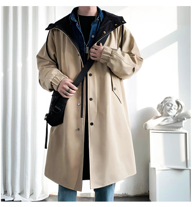 Gabardina para hombre, gabardina con capucha a la moda, otoño, longitud media, cortavientos holgado de un solo pecho, abrigo informal falso de dos piezas