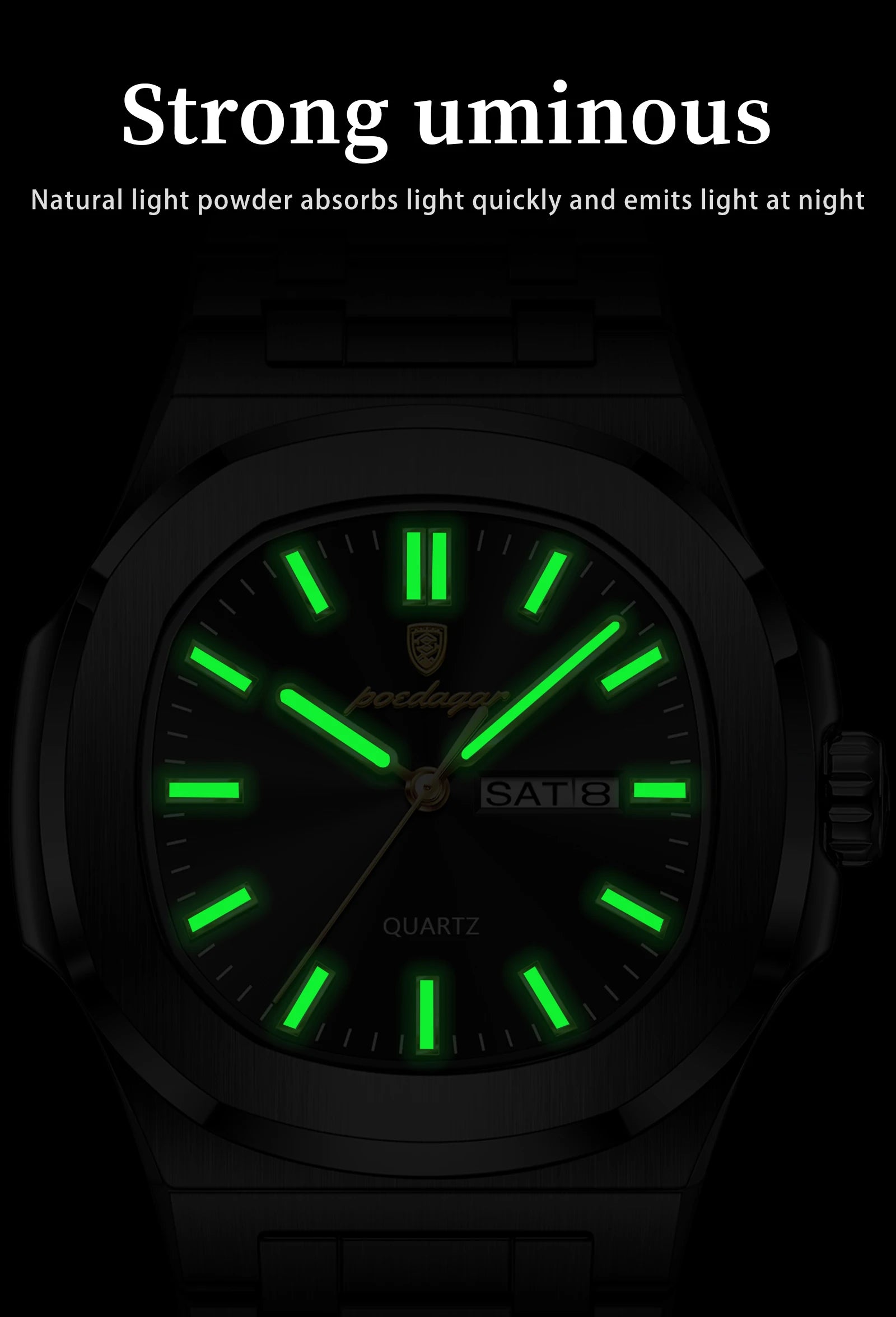 POEDAGAR, relojes cuadrados de lujo para hombre, Reloj luminoso resistente al agua con fecha y semana para hombre, Reloj de pulsera de cuarzo a la moda de acero inoxidable para hombre