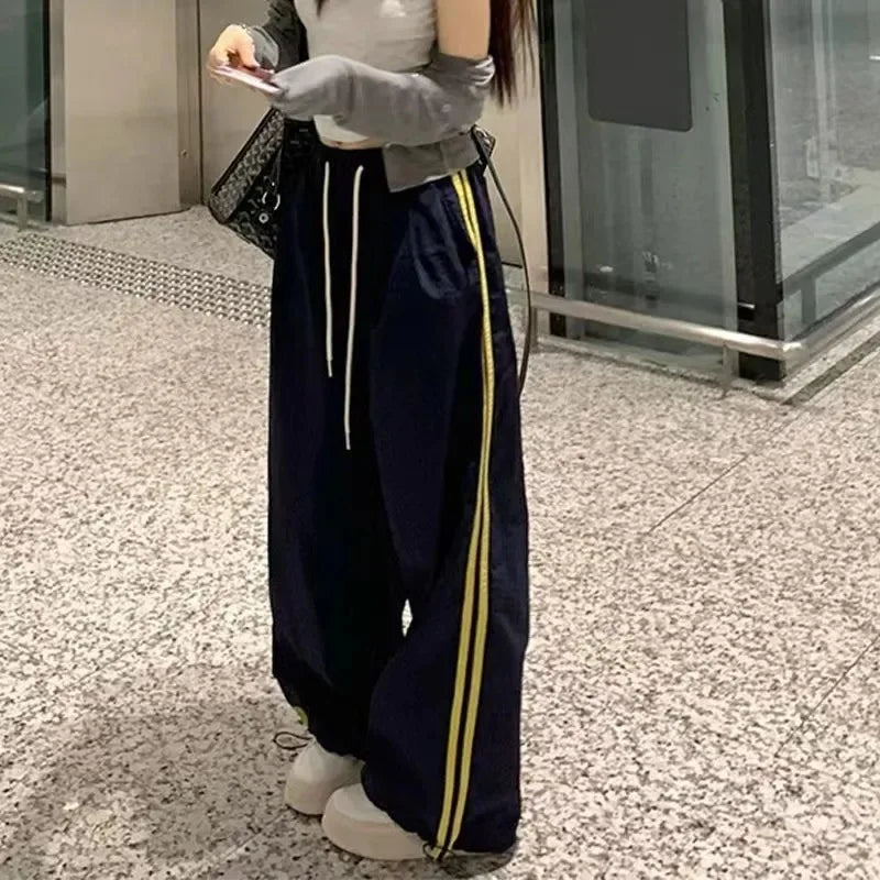 Pantalones de chándal completo a rayas con múltiples bolsillos para mujer