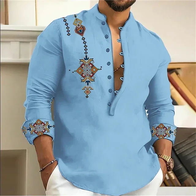 2025 Men's Shirt 15 Colors Tribe Pattern Printing Retro Geometry Leads Outdoor Street Long Sleeve Shirt Super Large Size S-5XL