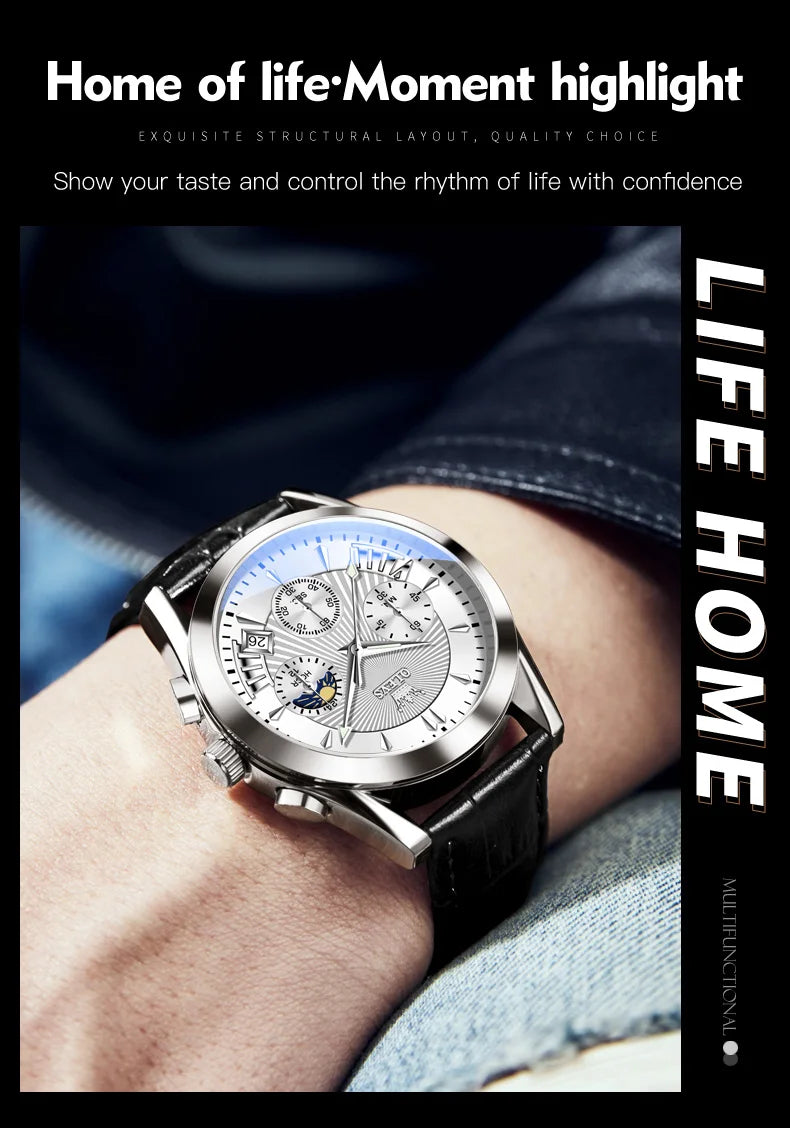 OLEVS 2876 reloj para hombre con correa de cuero reloj de cuarzo resistente al agua fase lunar luminosa relojes cronógrafo multifuncionales para regalo de hombre
