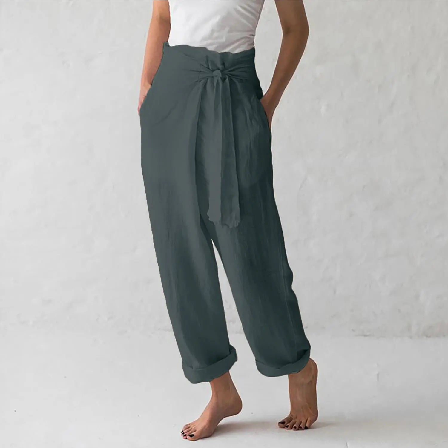 Women's Casual Pocket Pants, Solid Color, Stretchy, Cuffed, Stylish Cotton Line, High Waist, Summer 2024