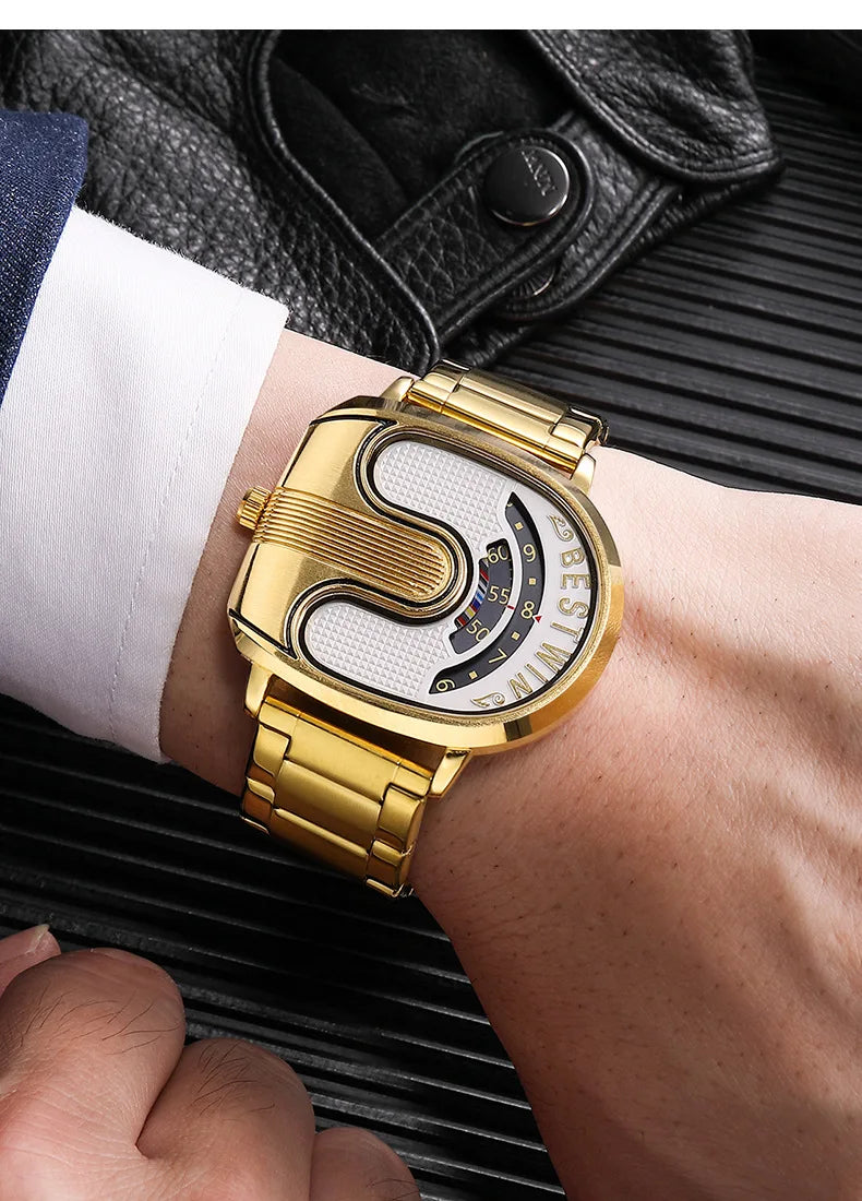 Relojes dorados de lujo para hombre, diseño único, banda de acero inoxidable, Dropship dorado, reloj masculino de alta calidad