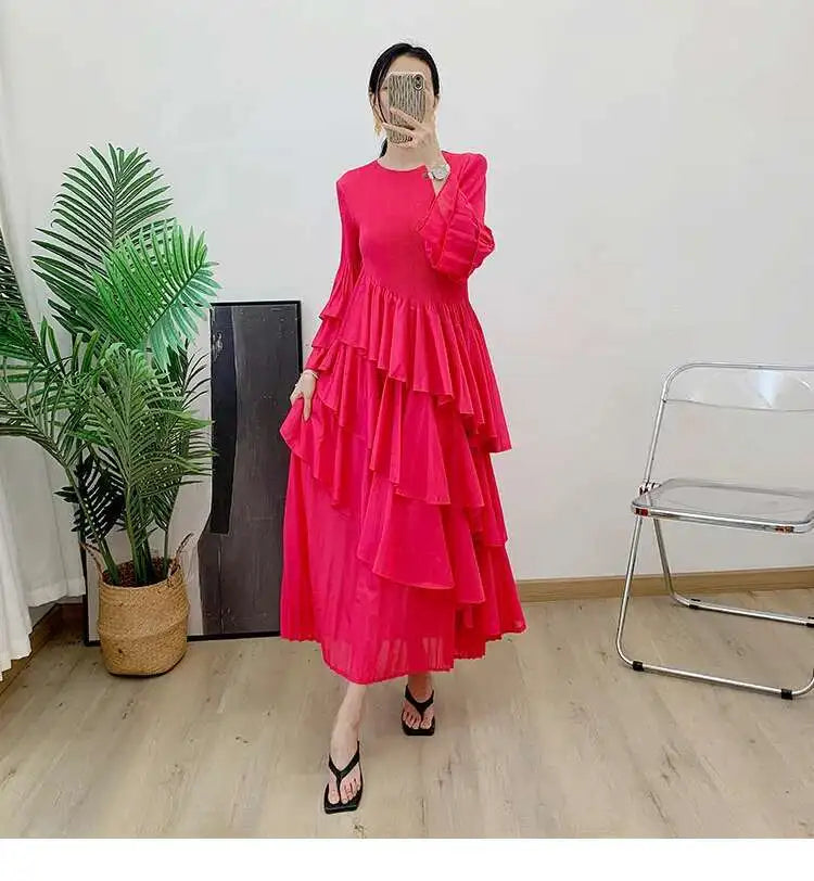 GVUW, vestido plisado para mujer, manga acampanada completa, línea A, volantes empalmados, cuello redondo, fiesta de noche, ropa elegante para mujer 17G4475