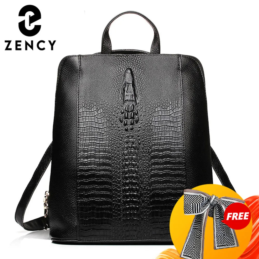 Mochila Zency de piel de cocodrilo para mujer, 100% genuina y natural, para viajes, trabajo, escuela, con compartimento para portátil, equipaje de mano