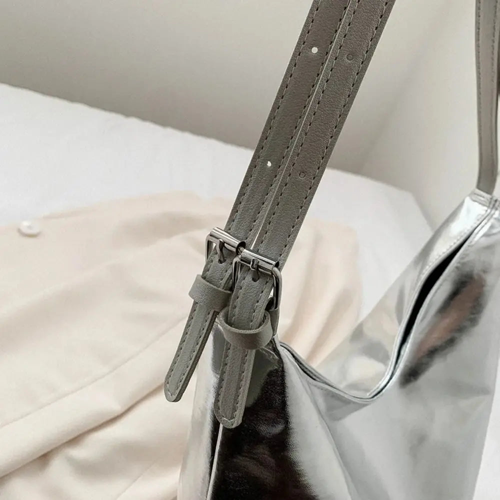 Bolso de mano con asa superior de PU para mujer, bolso de compras de diseñador de lujo, bolso de mano informal de cuero dorado plateado de alta capacidad, moda