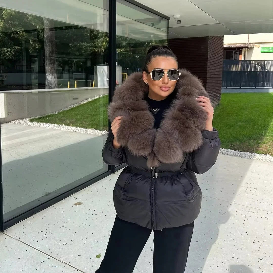 OFTBUY 2025 nueva ropa de invierno para mujer, abrigo de plumón de pato blanco, chaqueta con capucha de piel de zorro Natural, chaqueta acolchada cálida a la moda para mujer