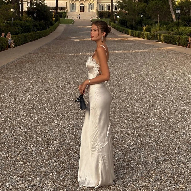 Vestido largo elegante de encaje con retazos para mujer, vestido Sexy con cuello en V sin mangas y espalda descubierta de satén, vestido largo ajustado, vestidos de fiesta de noche para mujer 2025