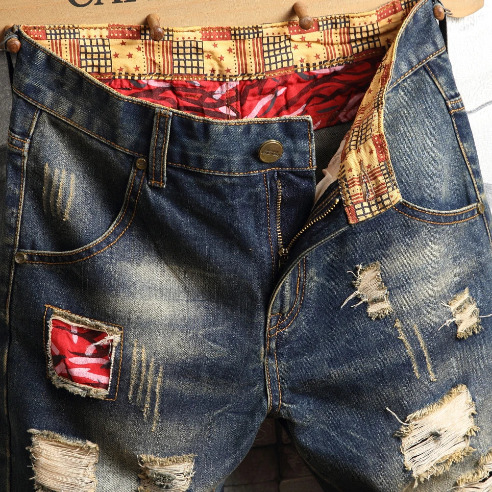 Vintage Hole Men Jeans Shorts Distressed Denim Knee Length Pockets Cuffed Patchwork Skinny Washed Ripped Punk Style Mid Waist 2024