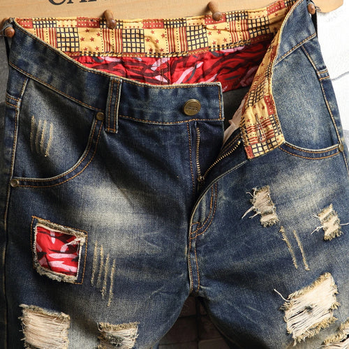 Agujero Vintage hombres Jeans pantalones cortos Denim desgastado hasta la rodilla bolsillos puños empalmados flaco lavado estilo Punk rasgado cintura media 2024