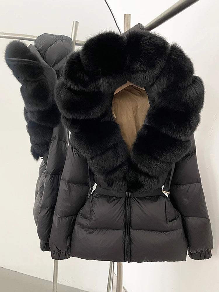 OFTBUY 2025 nueva ropa de invierno para mujer, abrigo de plumón de pato blanco, chaqueta con capucha de piel de zorro Natural, chaqueta acolchada cálida a la moda para mujer